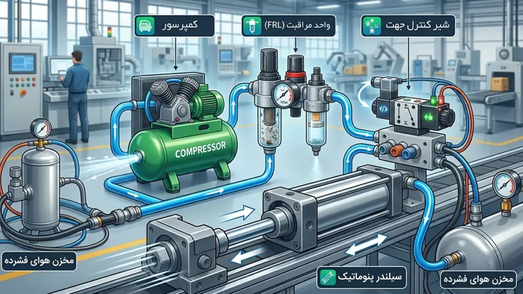 اجزای اصلی سیستم پنوماتیک و نحوه عملکرد هر بخش